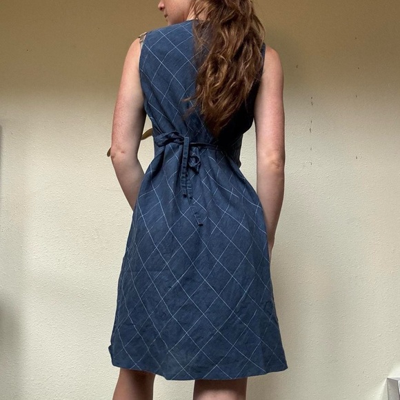 European Linen blue checkered dress with tie waist - Picture 4 of 8